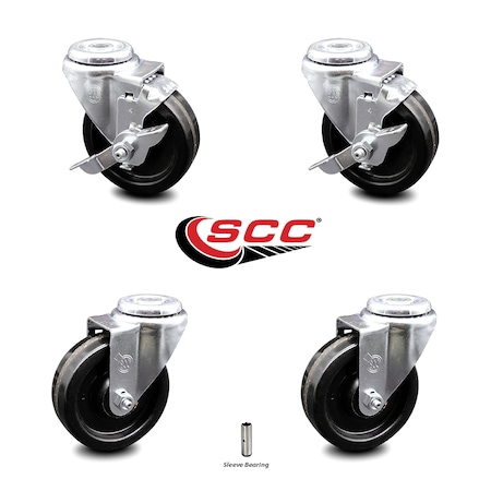 Service Caster 4 Inch Phenolic Wheel Swivel Bolt Hole Caster Set with 2 Brake SCC-BH20S414-PHS-2-TLB-2